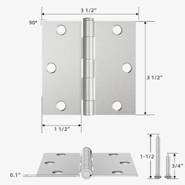 HOSOM 12 Pack 3.5 Inch Brushed Nickel Square Corner Door Hinges, Satin Nickel Interior Door Hinge for Bedroom Bathroom Cabinet Door, 3 1/2 Inch Door Hinges Square Corner with Removable Pin