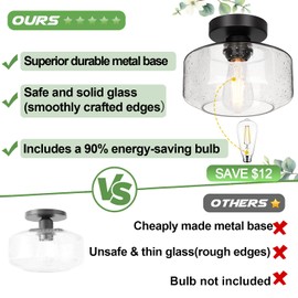 Industrial Semi Flush Mount Ceiling Light, 800 Lumen LED Bulb Included, Seeded Glass Shade Farmhouse Light Fixture for Hallway Corridor Kitchen Bathroom Bedroom Passway