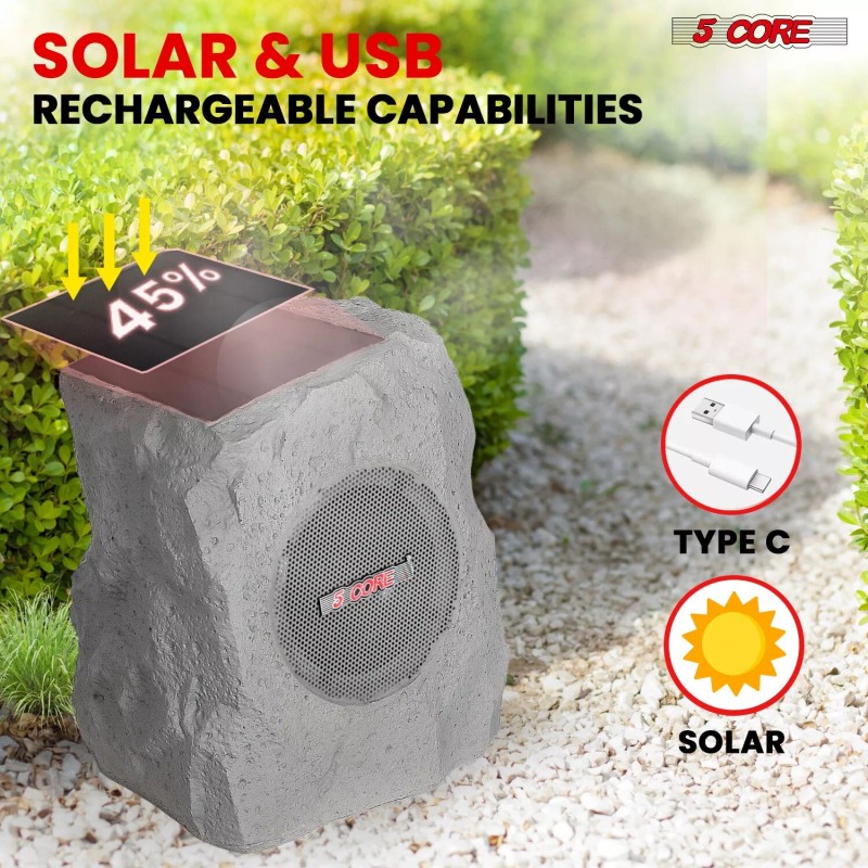 5Core Rock Speaker Outdoor Waterproof Bluetooth Garden Speakers Solar USB