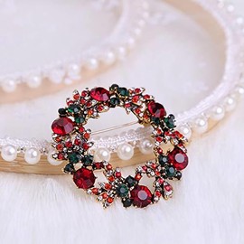 Gyn&Joy Vintage Green Red Austrian Crystal Round Christmas Wreath Pin Brooch BZ291