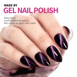 Press on Nails Short, 9D Glitter Dark Grey Medium Handmade False Nails with Cat Eye Design, Glossy Salon Perfect Magnetic Gel Nails in 12 Sizes - 24 Pcs Stick On Nails Kit