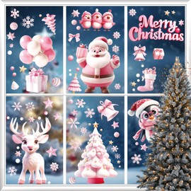 Topeedy 9 Sheet Pink Christmas Window Sticker, Double-Side Window Clings with Santa Claus Reindeer Snowman Perfect for Christmas Party Decoration