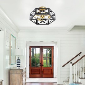 Naurham Semi Flush Mount Ceiling Light, Black and Gold Light Fixtures Ceiling Mount with Hexagon Cage, Metal Industrial Close to Ceiling Light for Hallway, Kitchen, Bedroom (Black and Gold, 14.56''L)