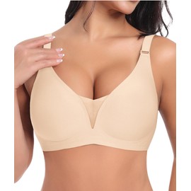 SINFLA V Neck Bras for Women No Underwire Comfort Wireless Seamless Bra Comfortable Tshirt Bralettes with Support (Nude,Large)