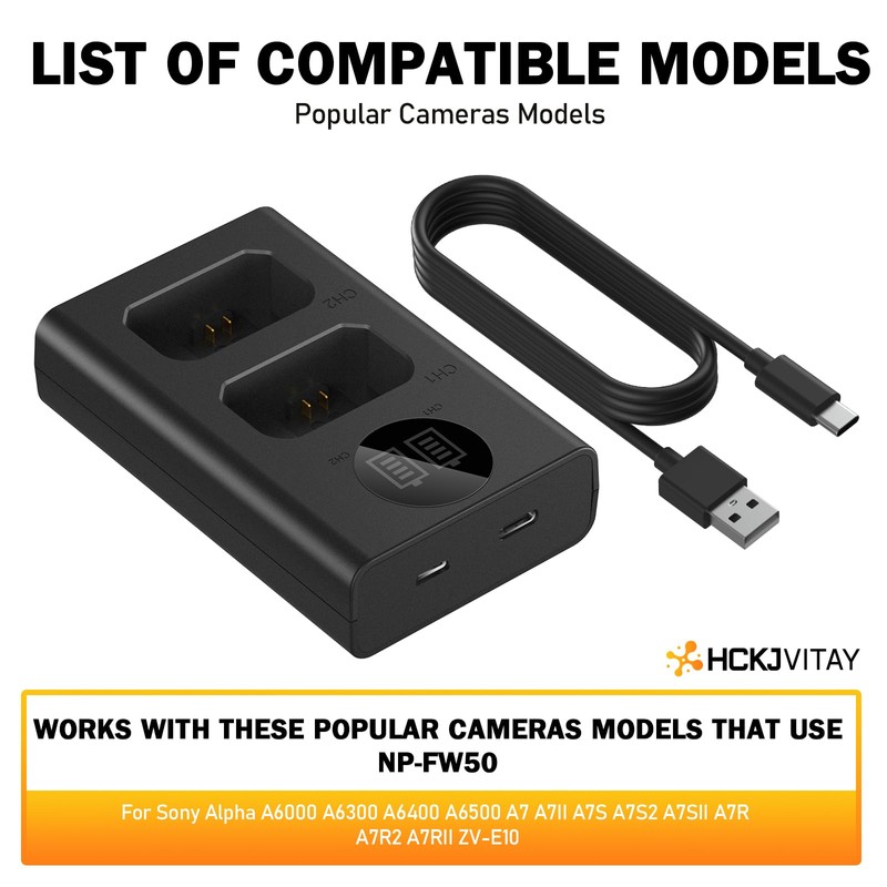 NP-FW50 Dual Cameras Battery Charger for Sony ZV-E10 Alpha A6000