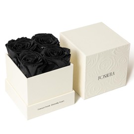 Rosaura Forever Preserved Roses in Prints Boxes, 4-Piece Eternal Roses Preserved Flowers for Delivery Prime, Rose That Last Up to 3 Years, for Delivery Prime Mothers Day & Valentines - Black