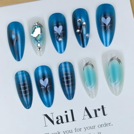 French Tip Press on Nails Long Stiletto Fake Nails with Heart Pattern Rhinestones Silver Lines Design Full Cover Stick on Nail Shiny Acrylic False Nails Daily Nail Wear Decoration for Women 24Pcs