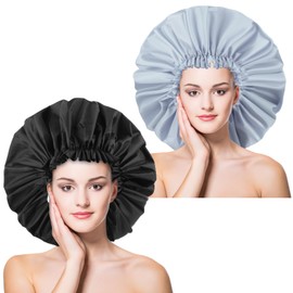 2 PCS Large Shower Cap for Braids - Waterproof Shower Cap for Women, Reusable XL Plastic Shower Caps Jumbo Bath Bonnet for Long Thick Curly Hair, Locs, Twist Braids (Black, Grey)