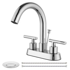 Cinwiny Polished Chrome 4 Inch Centerset Bathroom Faucets with Lift Rod Drain Stopper 360° Swivel Spout Bathroom Sink Faucet 2 Lever Handle 3 Hole Vanity Faucet Mixer Tap