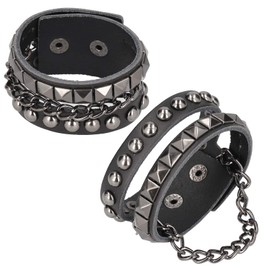 2Pcs Punk Leather Wristband Studded Rivets Biker Wide Strap Leather Bracelet Chain Wristband Adjustable
