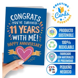 11th Anniversary Card for Husband or Wife - Steel Anniversary Card for Couple - Funny 11th Year Wedding Cards- Happy 11 Years for her, him - 11 Year Anniv Cards for Spouse, Girlfriend or Boyfriend - NUM 253