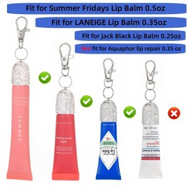 3pcs Lip Balm Keychain Holder Bling Lip Gloss Key Chain Cap Portable Lipgloss Case Compatible with Summer Fridays 0.5oz & LANGIGE 0.35oz(White+Pink+Purple)