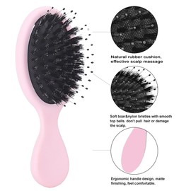 Boar Bristle Mini Hair Brush Travel Detangling Paddle Brush for Curly Fine Straight Wet Dry Hair, Anti-frizz Detangler Brush Boar Nylon Mixed Bristle Brush for Women Men, Less Hair Breakage
