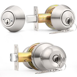 Probrico Satin Nickel Entry Door Knob and Double Cylinder Deadbolt Combo Pack, Keyed on Both Sides, Front Door and Exterior Gate Lockset Hardware