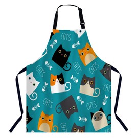 Xuwenz Cute Cats with Fish Bone Kitchen Apron for Women Men, Adjustable Apron Chef Bakers Apron Cooking Apron Cooking Baking Gardening
