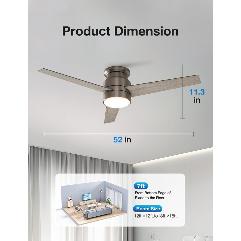 warmiplanet Flush Mount Ceiling Fan with Lights Remote Control, 52-Inch,