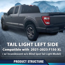 PIT66 Tail Light Brake Lamp Left Driver Side w/o Blind Spot Compatible with Ford F150 XL 2021-2023 (2-Door Standard Cab | 4-Door Extended Cab | 4-Door Crew Cab) Red