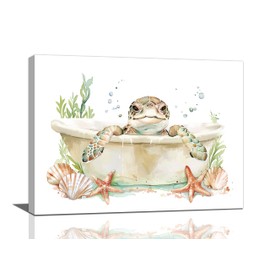 Sea Turtle Wall Art Turtle in Bathtub Pictures Wall Decor Bathroom Canvas Prints Ocean Bathroom Decorations Painting Framed Artwork Office Home Decor For Toilet Laundry Washroom Restroom 16"x12"