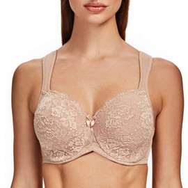 MELENECA Women's Floral Lace Non-Padded Minimizer Full Coverage Underwire Bra Beige-Lace 36G