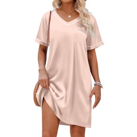 Ekouaer Womens Loose Scoop Neck Nightgown Silk Gowns for Mom Short Sleeve Nightshirts Satin Sleep Dress Sleepshirt Champagne