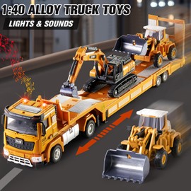 G.C Construction Vehicles Children 1: 40 Truck Toy with Excavator Bulldozer, Long Construction Vehicles Car Transporter Truck with Light and Sound Children's Toy Gift for Boys 3 4 5 6 Years