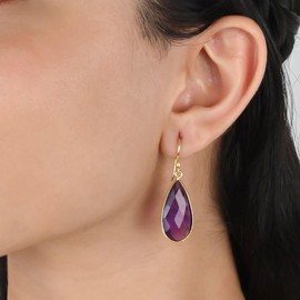 Gempires Amethyst Faceted Long Pear Gemstone Drop Dangle Hook Earrings, Statement Jewelry For Her, 1.5 inch Drop 14K Gold Plated, Gift For Woman (Amethyst)