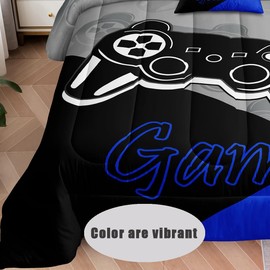 5 Pieces Bed in a Bag for Gaming Bedding Set,Boys Gamer Comforter Set with Flat Sheet,Fitted Sheet,Pillowcases,Cushion Cover,Game Console Pattern Bed Set for Kids Boys Room Decor