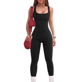 Mayround Gym Jumpsuit for Women One Piece Ribbed Rompers Sleeveless Bodycon Sports Leggings Square Neck Tank Top Playsuit(Black,L)