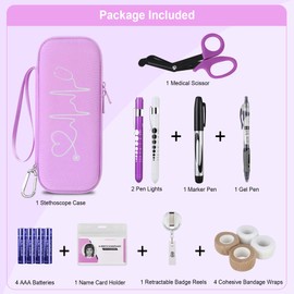 BOVKE Stethoscope Case Kit, 15 Pcs Tool Set Perfect Nurse Gift Include Stethoscope Case, Medical Scissor, Bandage Wraps, 2 Penlights with Batteries, Bandage Holder for Nurses, Purple