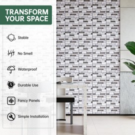 VallisCo 3D Faux Brick Wall Panel, Peel and Stick Brick Tiles, 20 Pcs of 12"X12",PVC Self Adhesive Fake Brick Paneling Backsplash for Interior Decor(Black and White Marble)