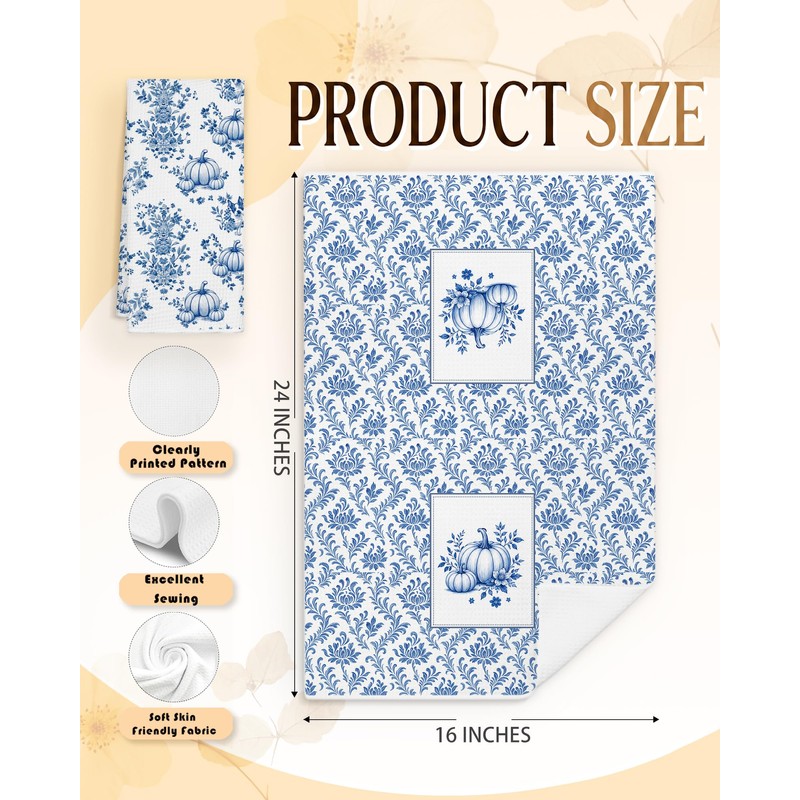 Blue Chinoiserie Fall Pumpkin Kitchen Towels 16x24 in,Set of 2