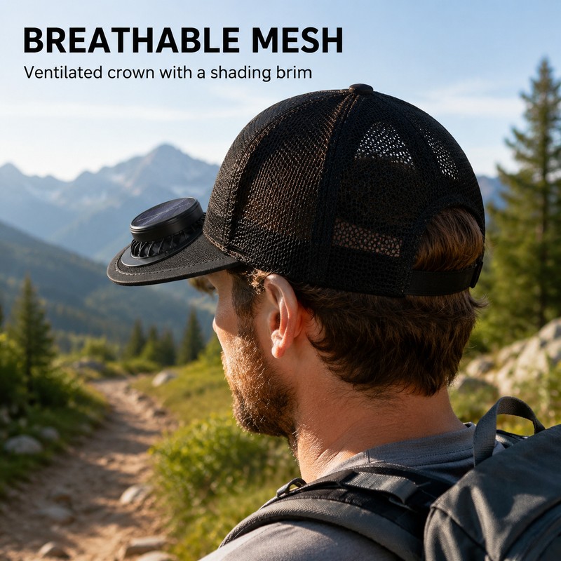 Solar & USB Rechargeable Fan Baseball Cap, 3-Speed Mesh Cooling
