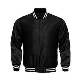 Mens Varsity Jacket Satin Polyester Retro Zip Casual Jackets (Black, Large)