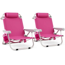 GYMAX Beach Chair, 330lbs Backpack Lounger with 5-Position Backrest, Storage Bag, Side Pocket, Towel Bar & Headrest, Foldable Low Beach Lounge, Portable Aluminum Lay Out Camp Chair (2, Pink)