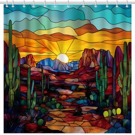 MEHOFOND Southwestern Desert Sunset Shower Curtain,Colorful Stained Glass Effect Bathroom Decor,Red Blue Green Orange Yellow Boho Landscape Cactus Natural Scene Shower Curtain with Hooks, 72 x 72in