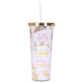 Mary Square Under His Wings Feathers Gold Tone 24 ounce Double-Walled Straw Travel Tumbler