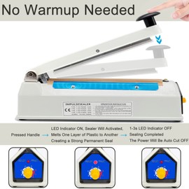 Impulse Sealer 8 Inch 5mm Sealing Heat Sealer for Plastic Bags, Iron Metal Shell, Mylar Bag Sealer, Manual Poly Plastic Bag Hot Seal Machine, 4 Repair Kit(2 Cutting Lines Included)