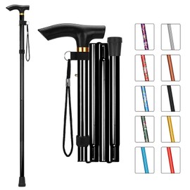 MFE Folding Cane, Portable 5-Level Adjustable Height Walking Stick with Foldable Design, Wrist Strap, and T Handle for Men and Women, Black