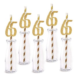 65th Birthday Paper Straw Decor, 24-Pack Real Gold Glitter Cut-Out Numbers Happy 65 Years Party Decorative Straws