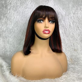 GZAmber 12 inch Light Yaki Straight Bob Wig with Bangs Human Hair Realistic Lace Short Black Bob Wigs Ready to Go Wig Glueless 180 Density (P1B/Red)