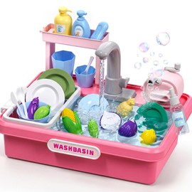 Play Sink with Running Water,Kitchen Play Sink Toys for Boys,Upgraded Real Faucet and Play Dishes,Pretend Role Play Toys for Girls Boys,Birthday Gifts for Kids 3-5,Practice Cleaning,Pink