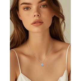 FindChic Silver Necklace for Women March Birthstone Necklace for Women Sterling Silver Small Square Pendant Fake Diamond Jewelry Gift for Her Girlfriend