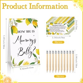 Sabary 64 Piezas Sets de Adivina Baby Shower Cartel de How Big is Mommy's Belly Juego de Medir la Panza del Bebé y 50 Cartas de Adivinanzas con 10 Lápices 3 Cintas Métricas para Fiesta (Limón)