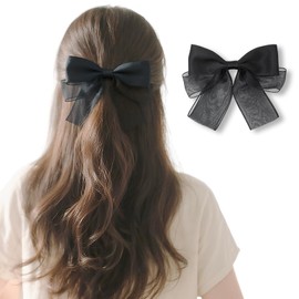 Fesanla Bow Barrette, Organza Ribbon, Hair Clip, Sheer, Large, Ponytail, Hair Ornament, Chiffon, Hair Clip, Graduation, Wedding, Party (Black)