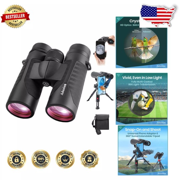 Compact 12x42 High-Powered Binoculars with Universal Phone Adapter & Tripod