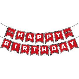 BIEUFBJI Birthday Banner Checkered Happy Birthday Banner Sign Party Decoration for Racing Themed Party Race Car Party Decorations Supplies(Red)