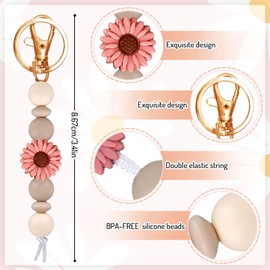 Whaline 3Pcs Daisy Silicone Beaded Keychain Flower Key Ring Holder Daisy Silicone Keychain Tassel Decor for Car Key Purse Backpack Bag Charm