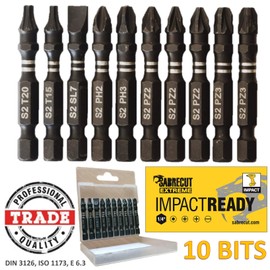10 x SabreCut SCPC50_10 50mm PZ2 PZ3 PH2 PH3 SL7 T15 T20 Impact Screwdriver Driver Bits Set Single Ended Pozidriv POZI Phillips No.2 No.3 Slotted No.7 Torx 15 12 Heavy Duty Including Storage Box