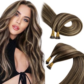 Sunny Itips Hair Extension Human Hair Brown Highlight 100S Itip Human Hair Extensions Dark Brown Highlight Caramel Blonde Pre Bonded Hair Extensions Human Hair I Tip Highlight Short 14inch 50G