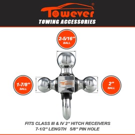 Towever 84180 Trailer Hitch Tri Ball Mount with Hook, 3 Ball Hitch Fit for Towing Hitch 2 inch Receiver (Hollow Shank Tow Hitch, Black&Chrome)